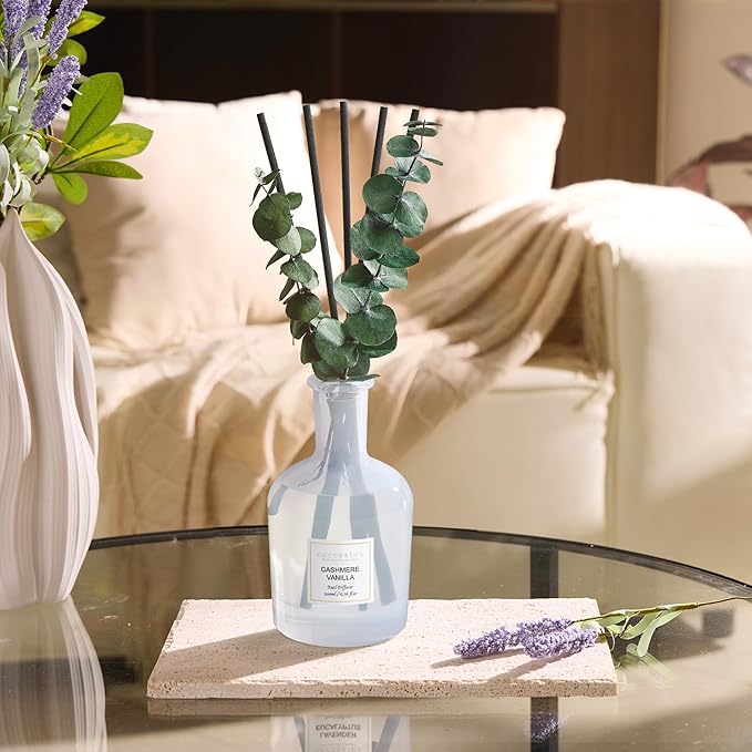 COCORRÍNA Cashmere Vanilla Reed Diffuser – 6.76 oz Essential Oil with Sticks & Dried Eucalyptus Branches, Home Fragrance for Bedroom or Bathroom Décor