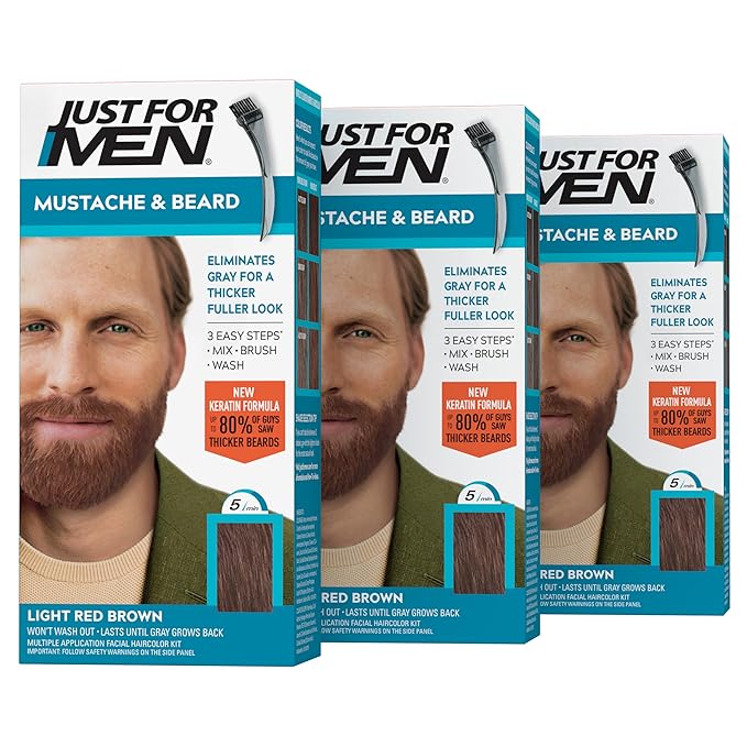 Just For Men Mustache & Beard, Beard Dye for Men with Brush, With Keratin Biotin Aloe and Coconut Oil for Healthy Facial Hair - Light Red Brown, M-27, Pack of 3 (Packaging May Vary)