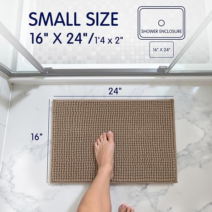 SUBRTEX Bathroom Rugs Chenille Bath Rug Soft Short Plush Bath Mat Soft Shower Mat Water Absorbent Shower Mat Quick Dry Machine Washable(Taupe Brown,16" x 24")