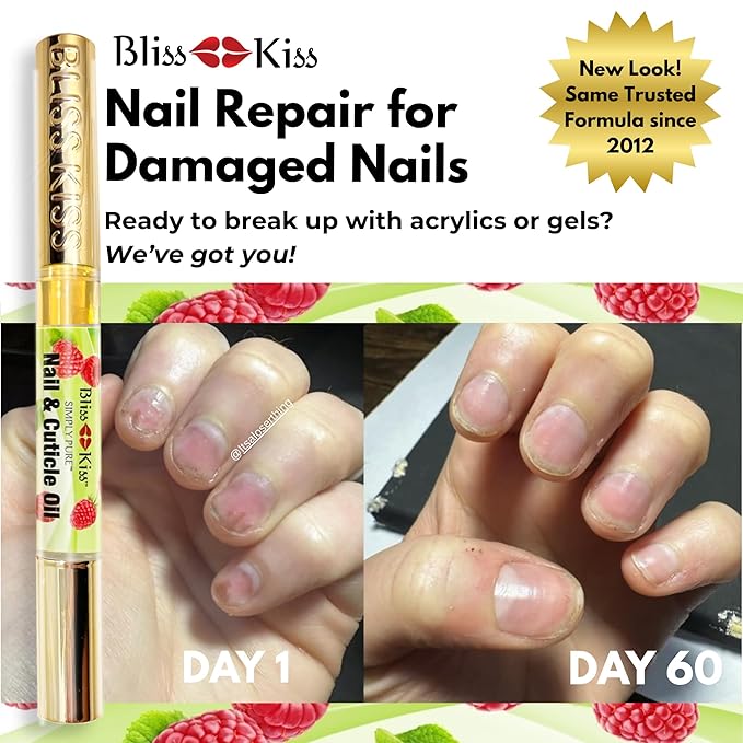 Bliss Kiss | 1 Juicy Raspberry Fragrance | Nail Oil Cuticle Pen w/Vitamin E & Jojoba⏤Nail Strengthener Nail Growth Serum for Brittle Peeling Breaking Thin Nails