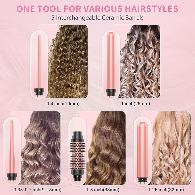 5 in 1 Curling Iron, Sixriver Hair Curling Wand Set with Curling Thermal Brush&4 Interchangeable Ceramic Curling Wand(0.4”-1.25”), Long Lasting Curls, Fast Heating Hair Wand Curler with Glove&2 Clips