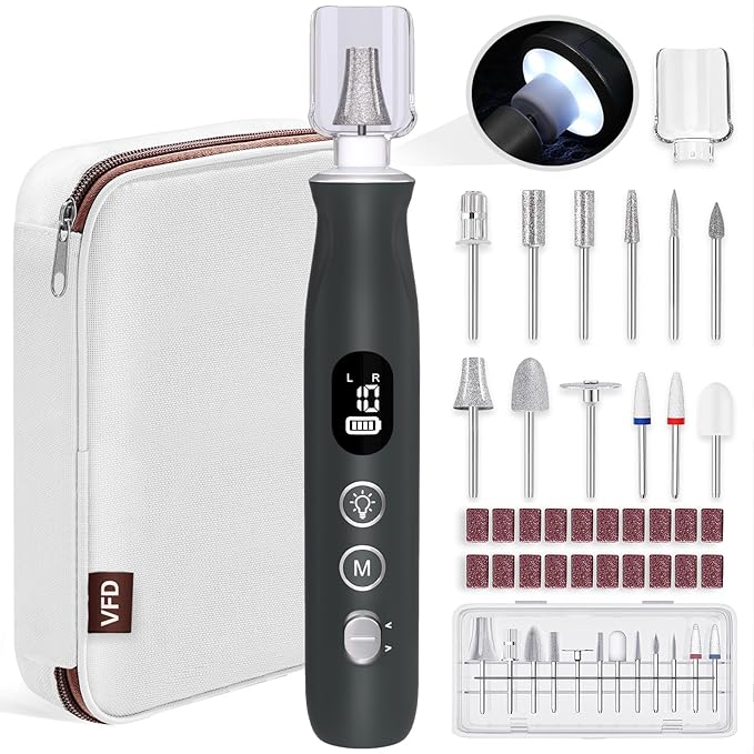 Electric Nail Drill, Cordless 2000 mAh Rechargeable Portable Nail File 12 in 1 Kit for Thick Toenails, 10 Speeds Nail Dril Machine Professional Manicure Pedicure for Hand Natural Nails Care (Grey)