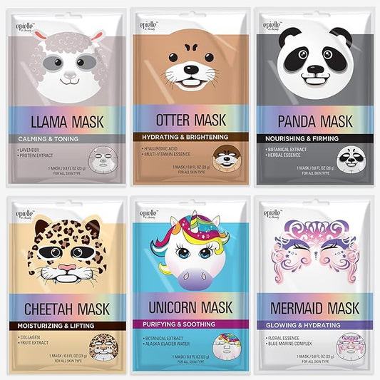 Epielle Character Face Mask Mystical Safari 6 Pack, Fun & Effective Korean Skin Care, Spa Party Favors, Stocking Stuffers, Birthday Gifts for Women, Thanksgiving Essentials