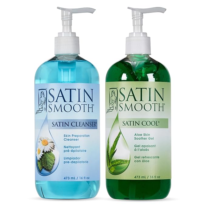 SATIN SMOOTH Pre Wax Cleanser & Aloe Vera Post Wax Cooling Gel Duo - Hair Removal Prep and Aftercare Kit, 16 oz