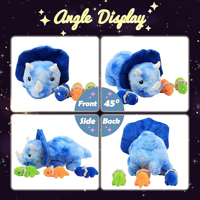 Hopearl LED Plush Dinosaur Lighting Up Stuffed Mommy Triceratops with 3 Babies in her Tummy Floppy Stuffed Animal Playset Night Lights Glow in The Dark Gifts for Kids Toddler Boys, Blue, 15''