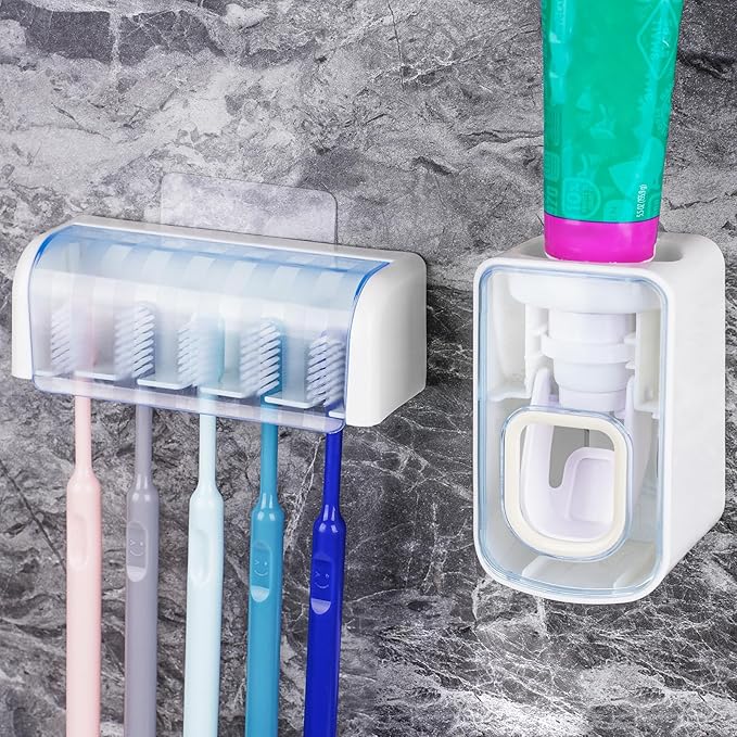 5 Slots Wall Mount Toothbrush Holder with Cover, Self Adhesive Toothbrush Storage Organizer for Shower, Toothbrush Hanger with Automatic Toothpaste Squeezer Dispenser(White + Blue)