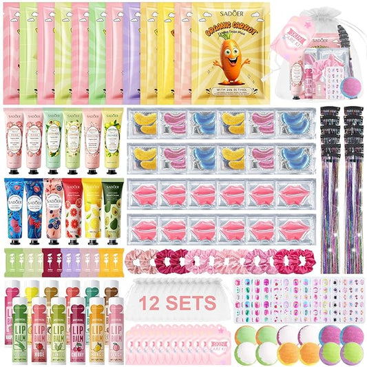 144 PCS Spa Party Supplies for Girls and Women, Favors Include Face Masks Skincare, Hand Cream, Lip Balm, Eye Mask, Lip Mask, Foot Bath Bombs, Hair Tinsel, Spa Birthday Sleepover Party Supplies