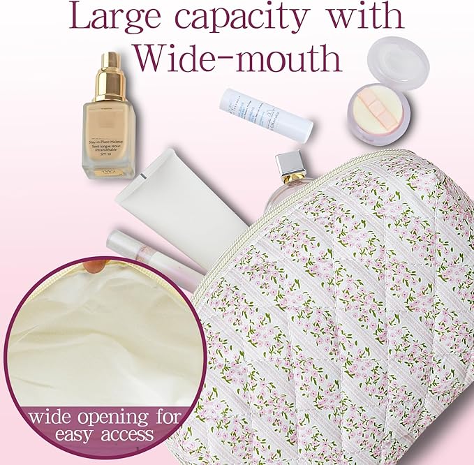 Quilted Makeup Pouch,Cotton Puffy Makeup Bag, Coquette Cosmetic Bag for Women and Girls, Aesthetic Organizer Bag, Cute Flower Travel Toiletry Bag