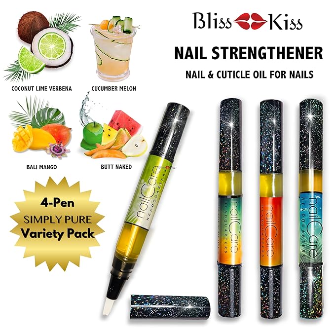 Cuticle Oil Pen for Nails - Nail Strengthener & Growth Serum for Damaged Nails, Hangnails w/Jojoba cuticle oil—Mixed Fragrances - Holographic Glitter Pens 4-Pack