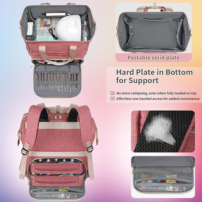 LTINVECK Nail Polish Organizer Case Backpack Holds 70 Bottles (15ml/0.5fl.oz)& Nail Lamp, 2 Layers Detachable Nail Kit Storage Case, Large Travel Nail Supplies Shoulder Bag for Manicure Tools (Pink)