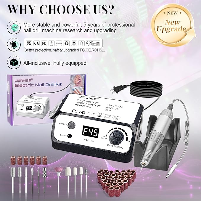 Nail Drill 45000RPM Professional Electric Nail File with Sanding Bands and Nail Drill Bits for Acrylic, Gel Nail Manicure & Pedicure, Black