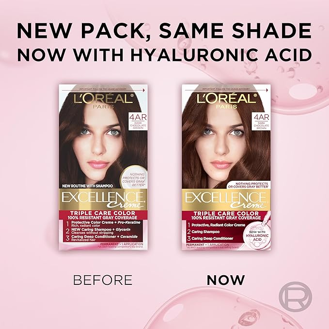 L'Oreal Paris Excellence Crème Permanent Hair Dye, Triple Care Hair Color with Pro-Keratine Complex for 100% Gray Hair Coverage, 4AR Dark Chocolate Brown, 1 Kit