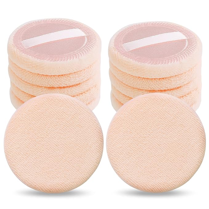 Sibba Loose Powder Puff 12 Pieces Round Velour Face Makeup Compact Body Container Setting Pressed Blending Foundation Cream Make Up Ribbon Strap Sponge Cushion Applicator (Skin Color)