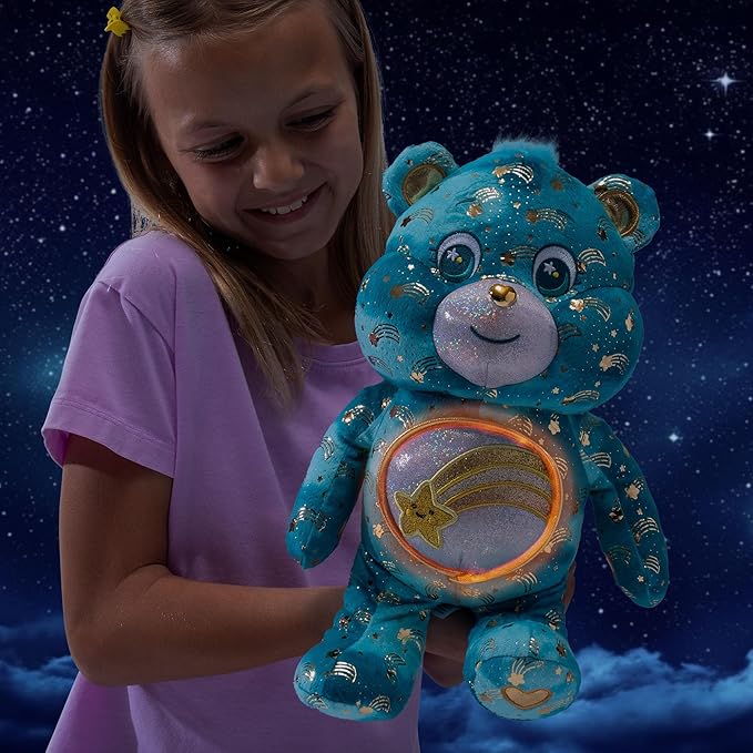 Basic Fun Care Bears 35 cm Luminous Belly Plush - Wish Bear - Soft Environmentally Friendly Toy with Illuminated Belly Badge - Comfortable Collectable Item for Children and Fans