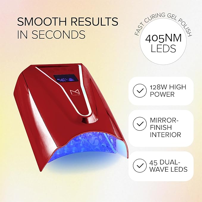 M - Crystal Cure 128W UV Nail Lamp - Fast Curing Nail Light with 45 Powerful 365nm+405nm LEDs - Cordless, Rechargeable, Auto Sensor - UV Light for Gel Nails for Manicures & Pedicures (Red)