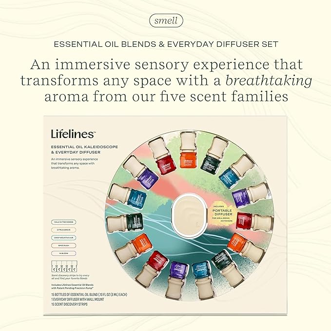 Lifelines Essential Oil Blends Collection Gift Set with Everyday Diffuser, 15-Pack - Blended Essential Oils for Aromatherapy Diffusers - Scented Fragrances for Joy, Calm, Focus & Energy