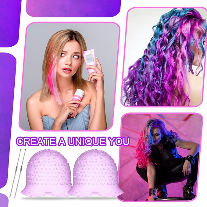 Jexine 2 Pcs Hair Coloring Highlighting Cap Reusable Silicone Highlight Cap with Holes and Hook for Hair Coloring, Frosting, Hairdressing & Highlighting, Salon Tools Kit (Purple)
