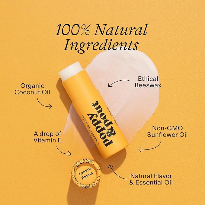 Poppy & Pout Lip Care Set | Lip Balm & Scrub | Sustainable Cardboard Tubes & Glass Jars, All Natural, Beeswax, Coconut Oil, Cruelty Free, Exfoliating & Moisturizing Lip Treatment (Lemon Bloom)