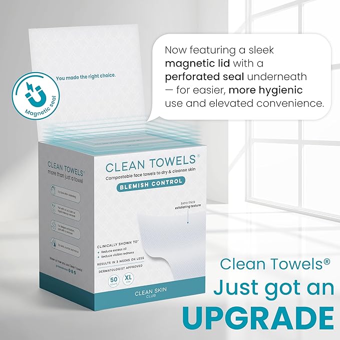 Clean Skin Club Blemish Control Clean Towels® XL, Compostable Face Towels, Light Exfoliation for Oily Skin, Eczema Association Accepted Disposable Face Towelette, Makeup Remover Dry Wipes, 50 count