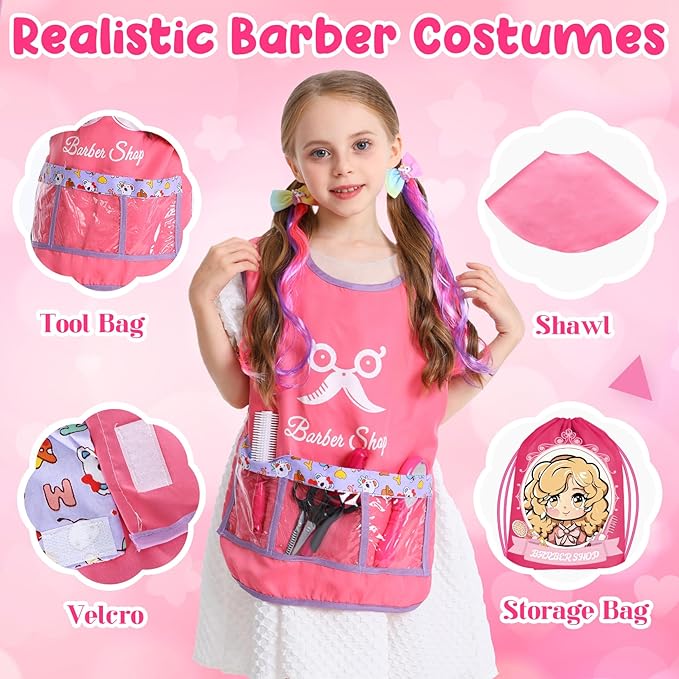 Hair Salon Toys for Girls, 36PCS Kids Pretend Play Makeup Sets, Dress Up Beauty Hair Stylist Toy Kit with Barber Apron, Hair Dryer, Curling Iron, Mirror, Scissors and Styling Accessories