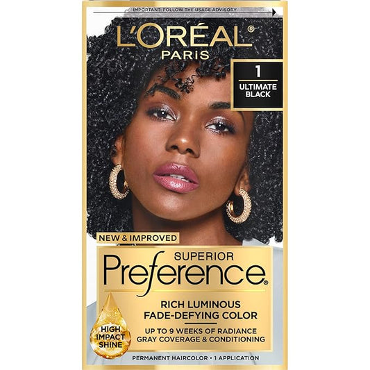 L'Oreal Paris Superior Preference Luminous Fade-Defying Permanent Hair Color, Hair Dye For Up to 9 Weeks of Radiance, Ultimate Black 1, 1 Hair Dye Kit