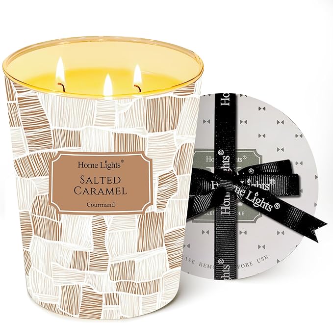 HomeLights Large jar Candle | 3-Wick Long-Lasting Scented Candles, 34oz Natural Soy Wax Candle for Home Scented, Rustic Modern Gifts for Women & Men, Salted Caramel