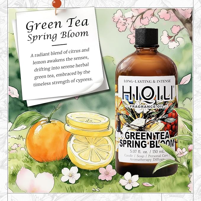 HIQILI Green Tea Spring Bloom Fragrance Oil for Diffuser, Inspired by Eliz.Ar-den Grn Tea, DIY Perfume, Candle, Soap Making, Long Lasting Uplifting & Crisp Scents - 5.07 Fl Oz