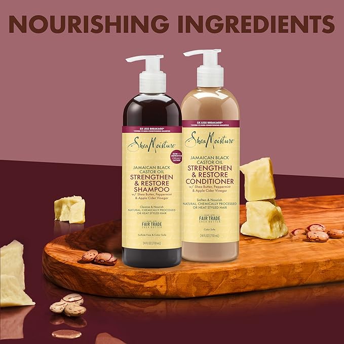 SheaMoisture Strengthen & Restore Shampoo and Conditioner Bundle Jamaican Black Castor Oil 2 Pack to Cleanse & Nourish Dry, Damaged Hair, 24 oz