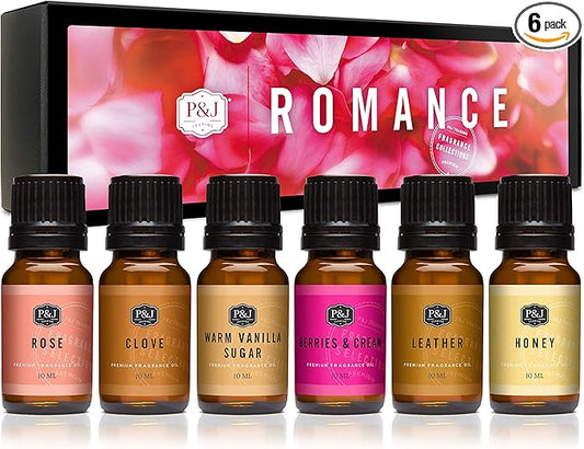 P&J Fragrance Oil Romance Set | Honey, Rose, Leather, Warm Vanilla Sugar, Berries & Cream, Clove Candle Scents for Candle Making, Freshie Scent, Soap Making Supplies, Diffuser Oil Scents