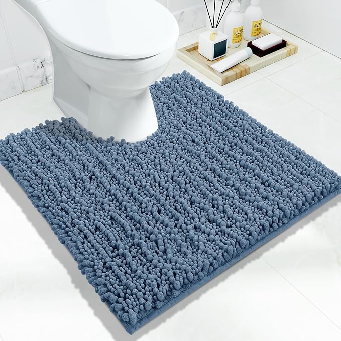 Yimobra Toilet Rug U Shaped Washable 24x20 Inch - Ultra Soft Absorbent Chenille Bath Rugs for Toilet, Quick Dry & Machine Washable, Non Slip Contour Bathroom Mat, Denim Blue