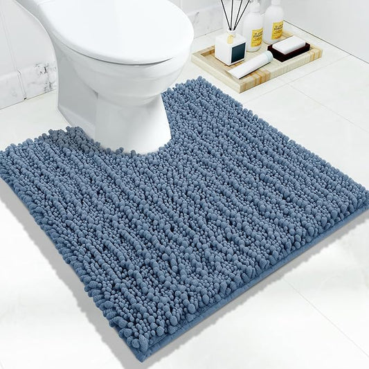 Yimobra Toilet Rug U Shaped Washable 24x20 Inch - Ultra Soft Absorbent Chenille Bath Rugs for Toilet, Quick Dry & Machine Washable, Non Slip Contour Bathroom Mat, Denim Blue
