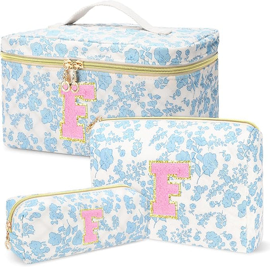 3 PCS Travel Makeup Bag Set, A-Z Initials Cotton Make up Bag Floral Quilted Cosmetic Bag for Girls and Women, Personalized Cute Toiletry Bag Travel Accessories Brushes Bag Blue - F