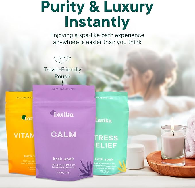 Latika Bath Soaks Set of 3 – Epson Salts for Soaking, Muscle Recovery & Skin Nourishment with Essential Oils | Relax, Rejuvenate & Destress | Lavender Mint, Vitamin C & Grapefruit