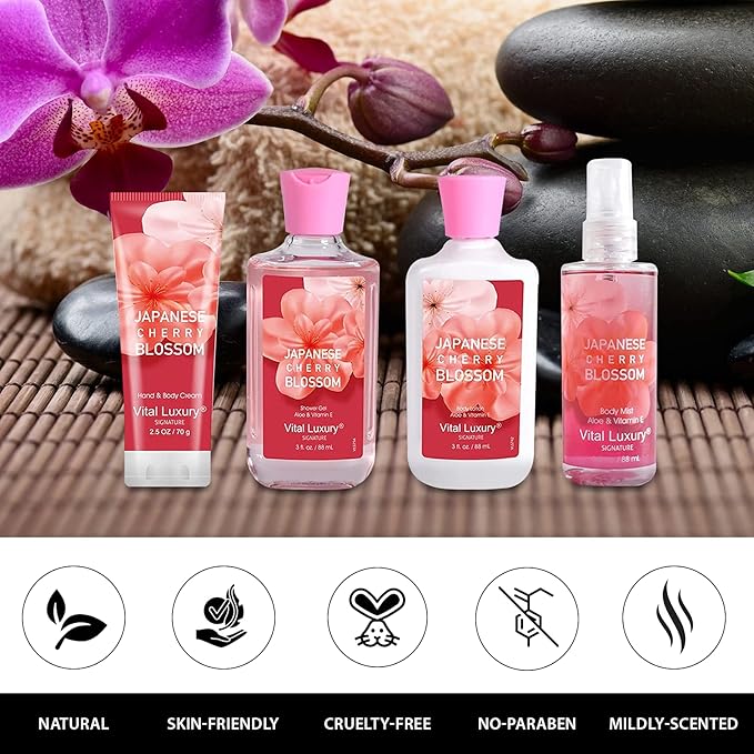 Bath and Body Care Gift Set for Women and Girls, Personal Self-Body Care Travel Set, Japanese Cherry Blossom Spa Home Set with Natural Extracts, 4 Pack - Shower Gel, Body Lotion, Body Mist, Hand Cream