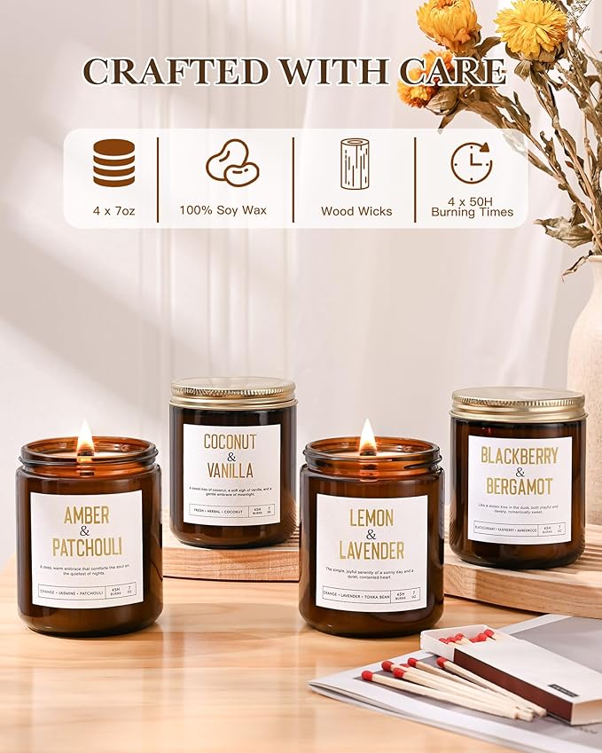 28oz Wood Wick Candles That Crackle: 4 Pack Scented Candles for Home Scented, Aromatherapy Candle Set with Crackling Wooden Wick Up to 200H Burning Candle Gift Set for Birthday Thanksgiving Christmas