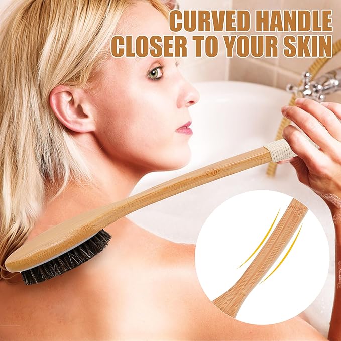 OWIIZI Horsehair Bath Brush Bamboo Curved Long Handle Antiskid Body Brush for Exfoliating, Natural Mane Shower Scrubber for Back Use Wet or Dry,Back Scrub Deep Cleanse-17.9inches