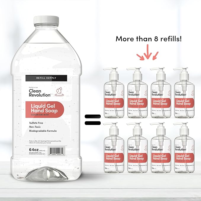 Clean Revolution Liquid Gel Hand Soap, Silky Rich Liquid, Quick Lather, Fast Rinsing, Contains Real Essential Oils (Geranium Mint) 64 Fl Oz