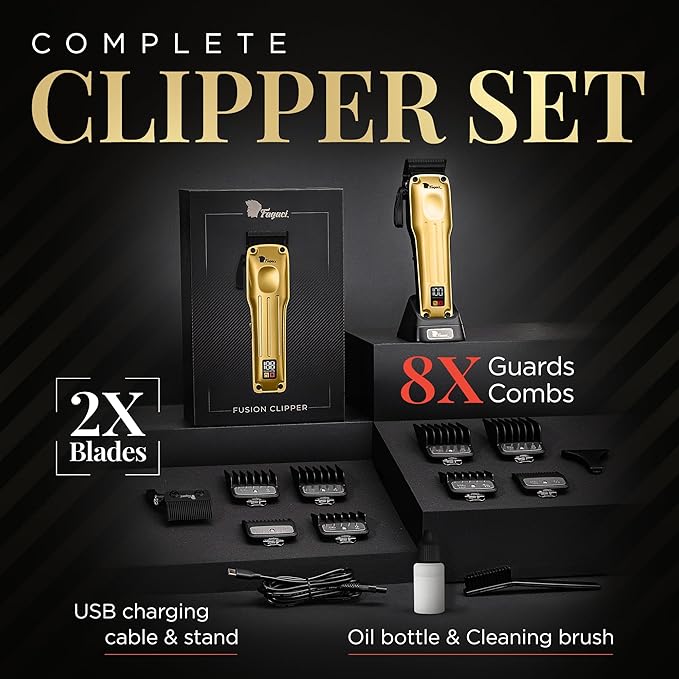 Fagaci Professional Hair Clippers for Men with Superior Precision, 5X Longer Sharpness Professional Barber Clippers Cordless with 2 Blades Fade & Taper, Brushless Motor Mens Hair Clipper Cordless Set