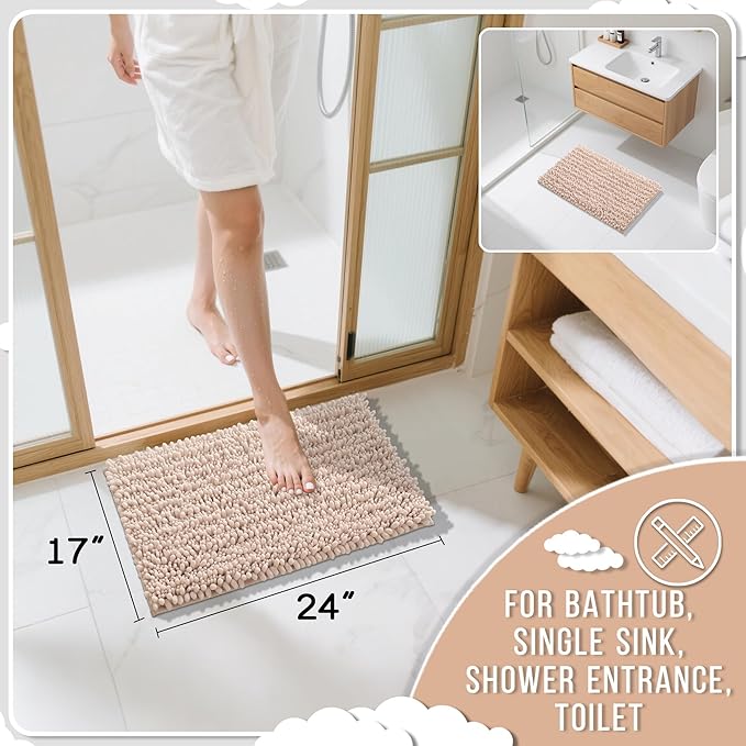 Yimobra Bathroom Rugs Non Slip Washable - Ultra Soft Absorbent Chenille Bath Mat, Quick Dry Shaggy Floor Carpet for Tub Shower, Pinkish Beige Home Decor Accessories, 24x17 Inch