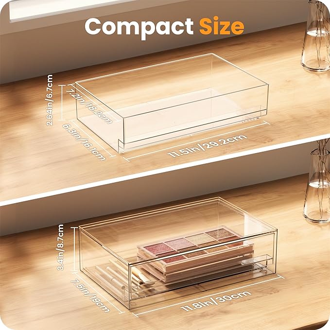 A-LuGei 【𝟰𝗣𝗖𝗦】 Acrylic Stackable Storage Drawers, 11.8" W Makeup Organizer, Bathroom Organizer and Storage, Plastic Storage Bins for Kitchen Cabinet Pantry Medicine Fridge