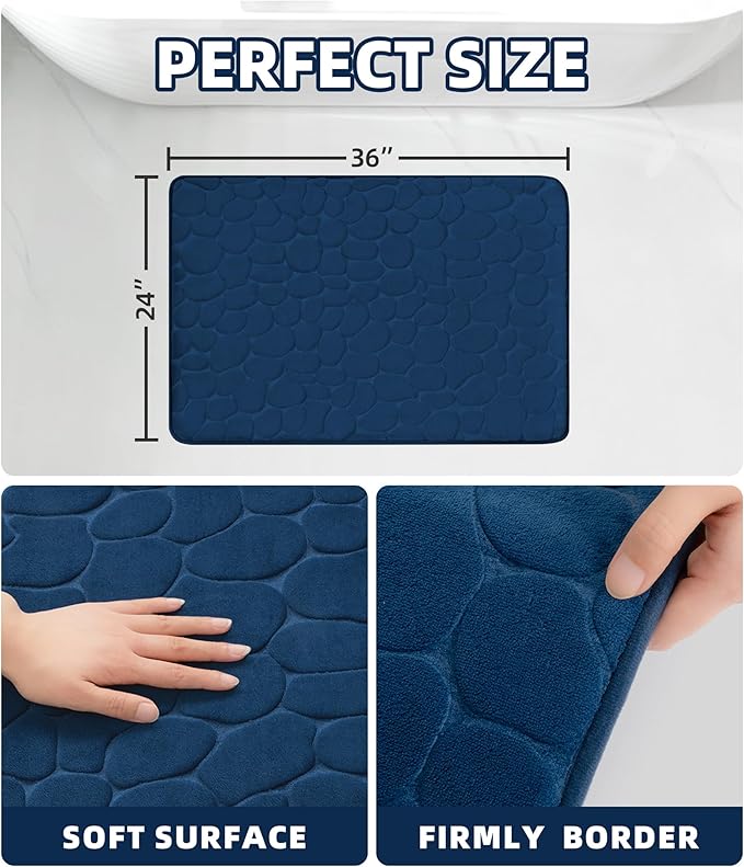 YIHOUSE Memory Foam Bath Mat Cobblestone Bathroom Rugs Super Water Absorbent Bath Mats for Bathroom Machine Washable Bath Rugs(24 x 36,Dark Blue)