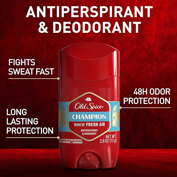 Old Spice Antiperspirant Deodorant for Men, 24/7 Sweat & Odor Protection, 24/7 Lasting Freshness, Invisible Solid, Champion with Fresh Air Scent, 2.6 oz (Pack of 6)
