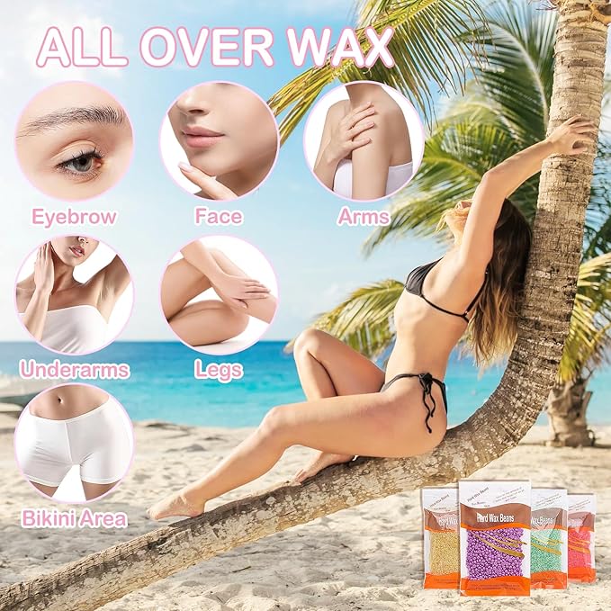 4 Packs Hard Wax Beads for Hair Removal,Gentle Waxing Beads for Full Body,Face,Underarm,Bikini and Legs,Long Lasting Hair Removal Waxing Kit with 10 Wax Scraper Sticks