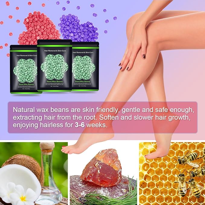 Wax Beads for Hair Removal 10.5oz (300g), Auperwel Hard Wax Beads Beans for Sensitive Skin Brazilian Waxing, Face, Bikini, Eyebrow, Legs, Painless for Women Men, 3 packs Kit with 10 Sticks