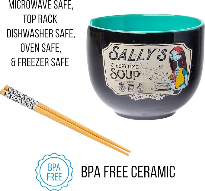 Silver Buffalo Disney Nightmare Before Christmas Sally's Sleepy Time Soup Ceramic Ramen Noodle Rice Bowl with Chopsticks, Microwave Safe, 20 Ounces
