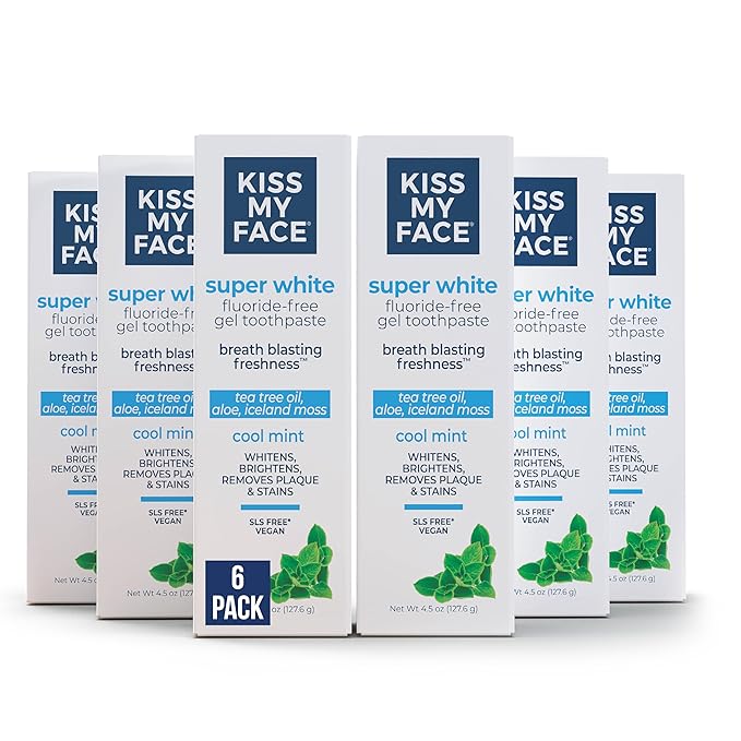 Kiss My Face Super White Toothpaste Gel, Cool Mint Flavor, Removes Plaque and Stains, Teeth Whitening Toothpaste, Fluoride Free, Vegan, 4.5 oz, 6 Pack