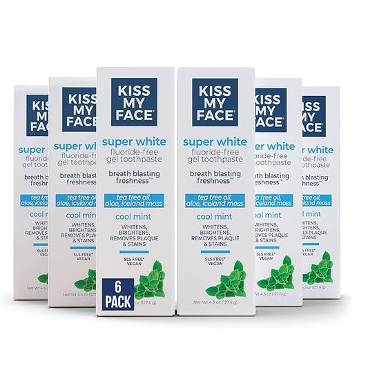 Kiss My Face Super White Toothpaste Gel, Cool Mint Flavor, Removes Plaque and Stains, Teeth Whitening Toothpaste, Fluoride Free, Vegan, 4.5 oz, 6 Pack
