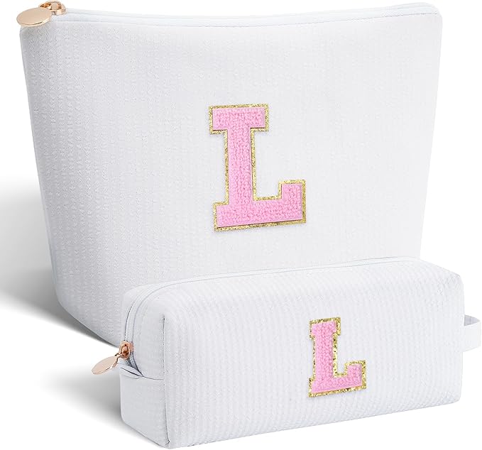 Monogrammed Gifts for Women - Cosmetic Bag for Teen,Initial Cute Makeup Bag Set for Women,Trendy Pouch for Niece Sister Friend Female Her,Birthday Gifts for Daughter - White,L