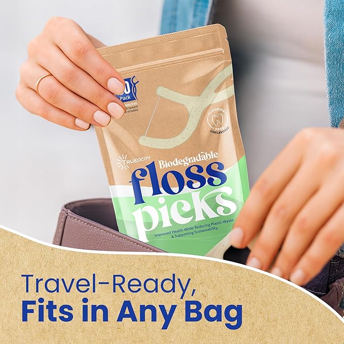Biodegradable Floss Picks, Natural & Organic Floss Picks, Eco-Friendly Tooth Flossers, Ideal for Adults, Gentle & Effective Flossing, Fresh Breath, Sustainable Oral Care (100 Units)