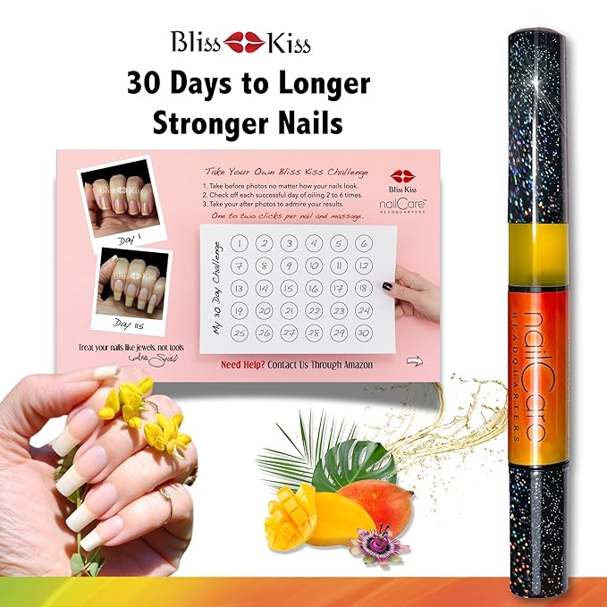 Cuticle Oil Pen for Nails - Nail Strengthener & Growth Oil and Serum for Damaged Nails, Hangnails w/Jojoba cuticle oil—Bali Mango Fragrance - Holographic Glitter Pens 4-Pack